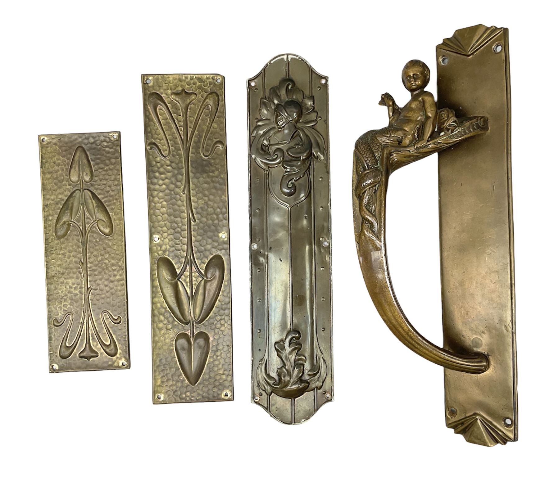 Art Nouveau bronze door handle modelled with a young merman holding a stylised fish, the plate decorated with geometric terminals, together with three repousse detail finger plates, largest L36cm