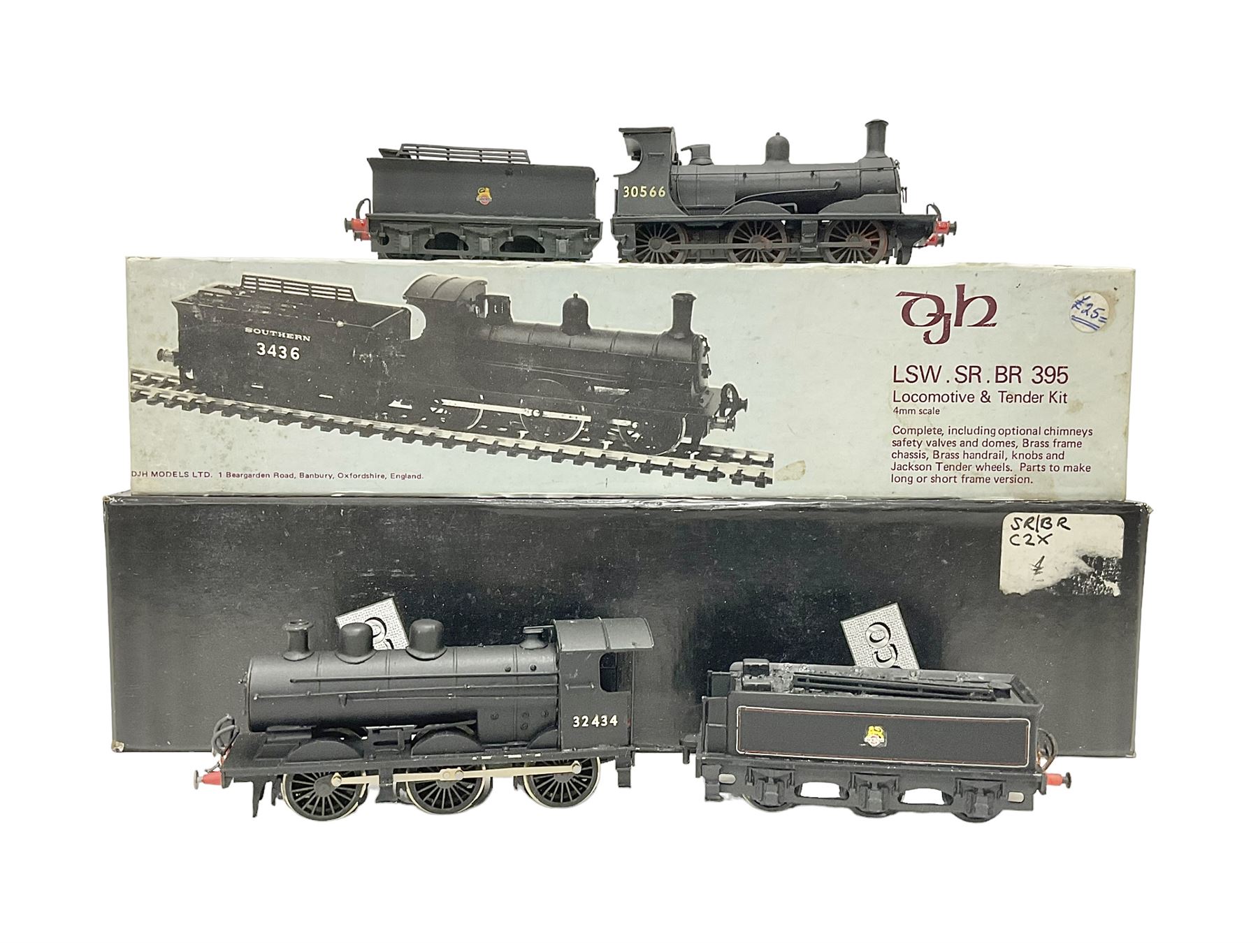 ‘00’ gauge - two kit built steam locomotive and tenders comprising Class 0395 Jumbos 0-6-0 no.30566 finished in BR black; Class C2X Large Vulcans 0-6-0 no.32434 finished in BR black; both with DJH Models boxes (2) 