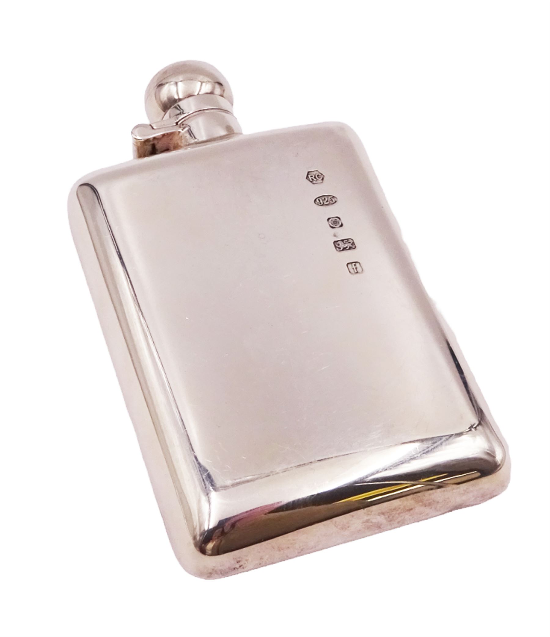 Modern silver hip flask, of typical form with hinged cap, the body with personal engraving, hallmarked Carr's of Sheffield Ltd, Sheffield 2005, H12.5cm