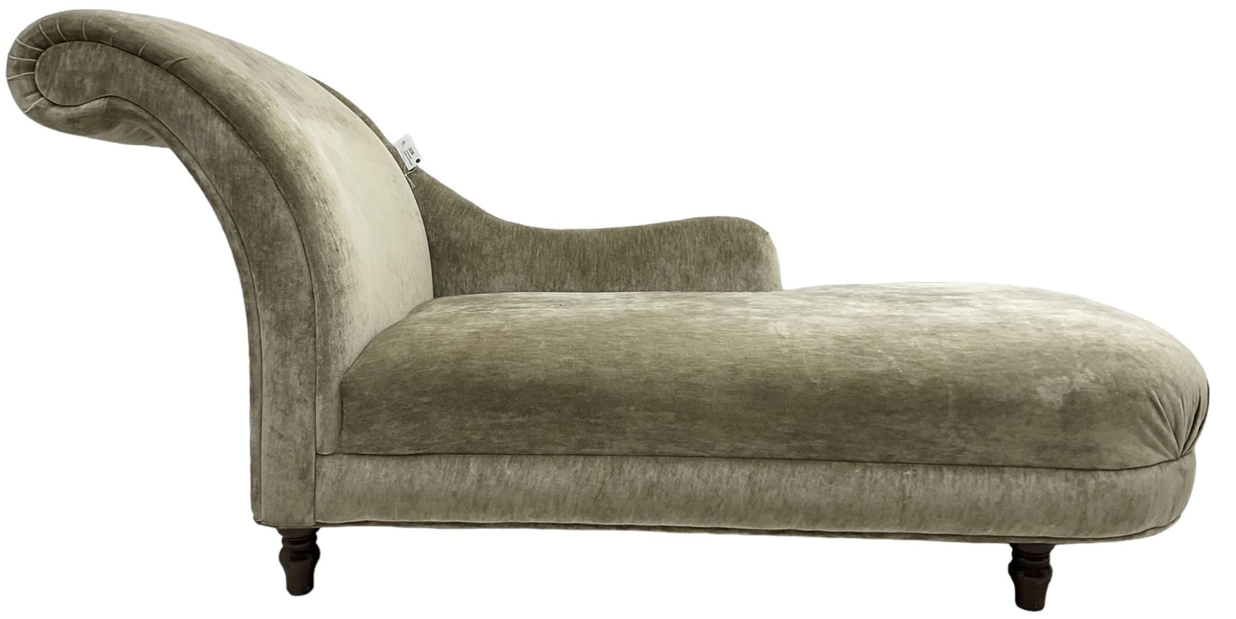 Contemporary chaise longue with scrolled back, upholstered in champagne crushed velvet, on turned feet