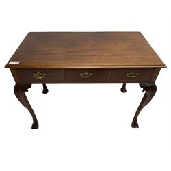 Late 19th century mahogany side table, moulded rectangular top over three drawers, pierced brass handle plates with swan neck handles, on acanthus carved cabriole supports with paw carved feet