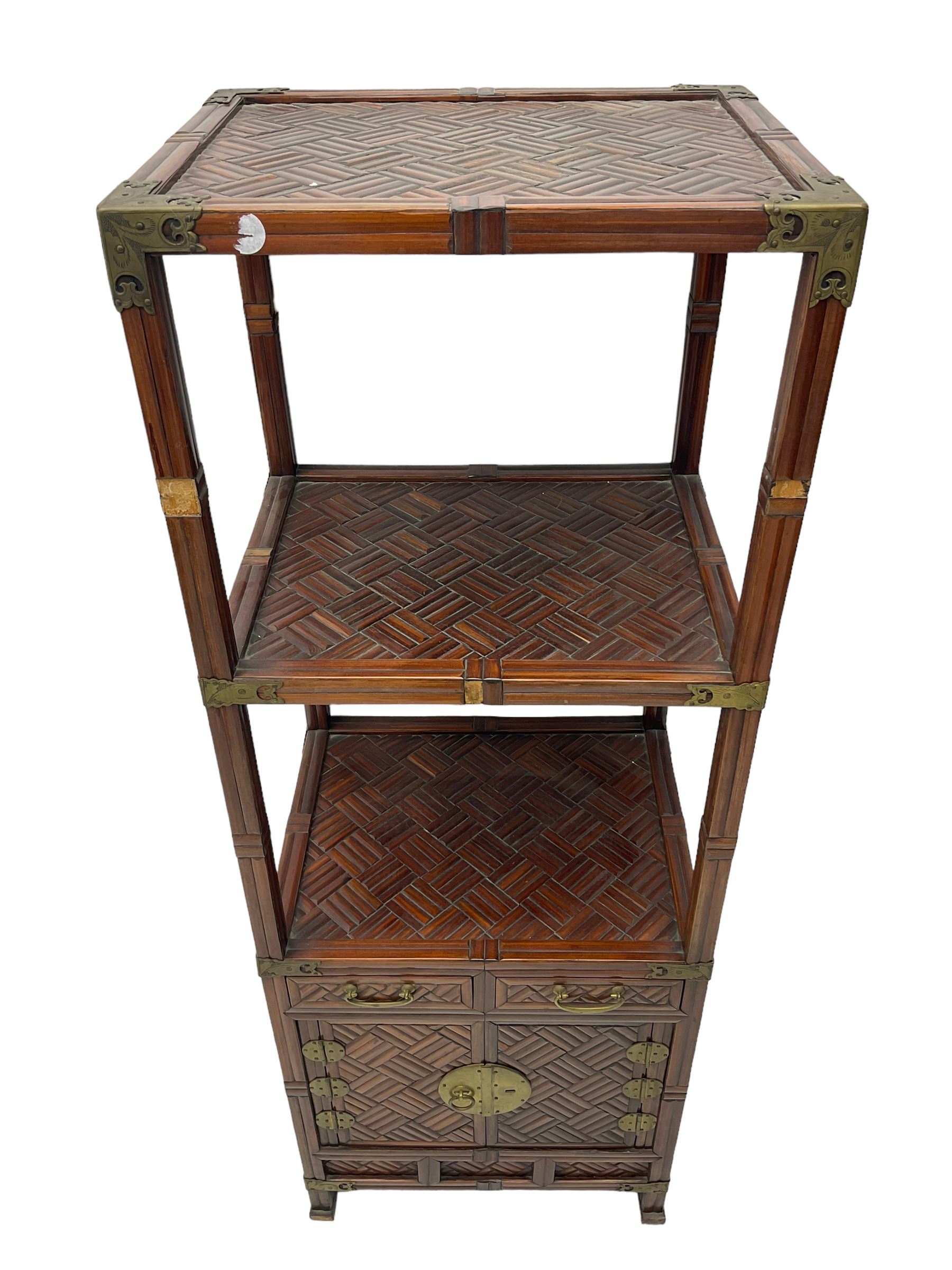 Chinese design bamboo and wood what-not or etagere, parquetry lattice-work bamboo, three tiers over two small drawers and cupboard