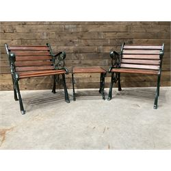 Pair of cast iron and wood slatted garden seats, with matching square coffee table