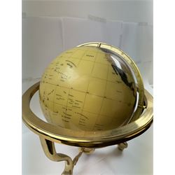 Polished gemstone terrestrial globe on gilt metal stand, H47cm