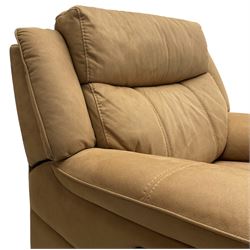 Electric reclining three-seat sofa (W213cm, H100cm) and matching armchair (W109cm) upholstered in brown fabric