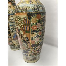 Pair of modern Satsuma vases of baluster form, decorated with figures in within river landscapes and floral borders, highlighted in gilt, H60cm