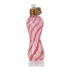 Small 19th century Clichy glass scent bottle, circa 1860, the waisted cylindrical body decorated with pink and white cane stripes, with dore bronze hinged cover opening to reveal internal glass stopper, H6cm