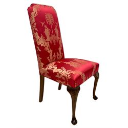 Georgian design mahogany framed high-back side chair, upholstered in red fabric decorated with Japanese figures in a garden landscape and pagodas, on shell carved cabriole front supports
Provenance: From the Estate of the late Dowager Lady St Oswald