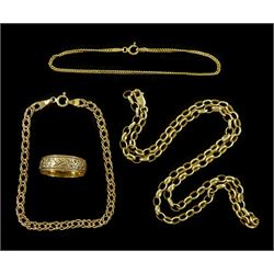 Gold band, with engraved foliate decoration, gold cable link chin necklace and two gold bracelets, all 9ct