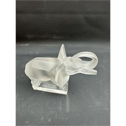 Lalique frosted glass model of an African Elephant, on clear rectangular plinth, engraved beneath Lalique France, H15.5cm