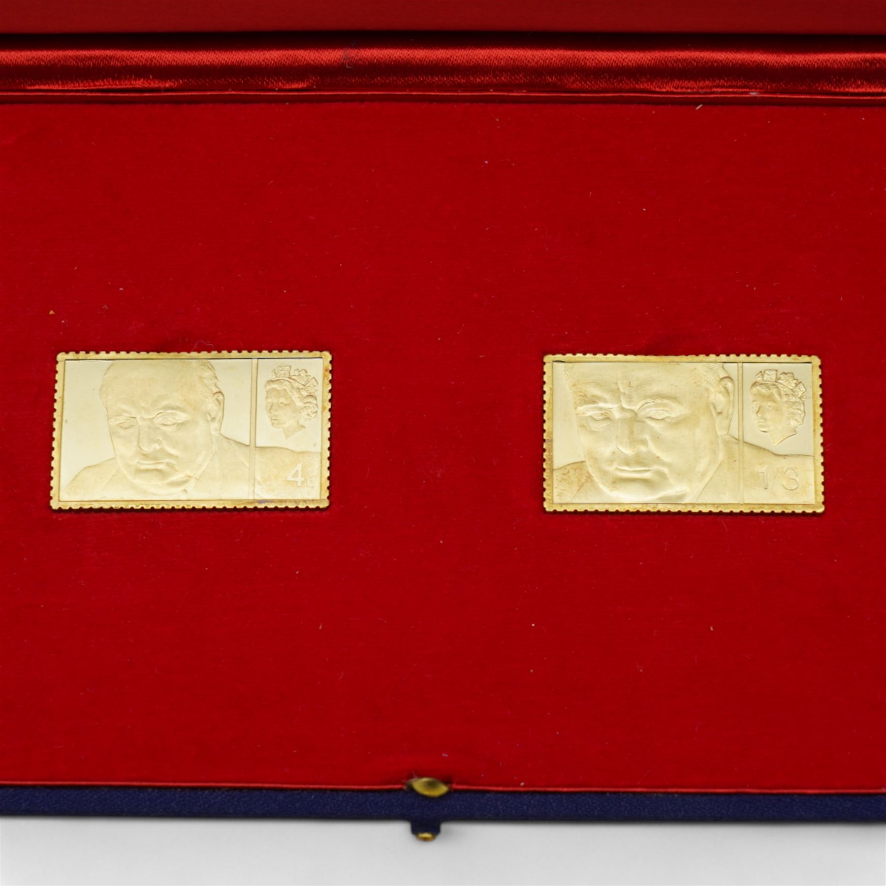 'Sir Winston Churchill Stamp Replicas' set of two hallmarked eighteen carat gold stamp replica ingots, total weight approximately 40.3 grams, cased with certificate and commemorative stamp cover