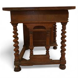 19th century oak desk, rectangular top over two drawers and cupboard, on spiral turned supports and turned bun feet