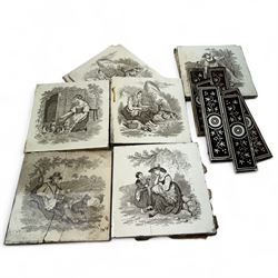 Eight Minton China Works tiles, each transfer printed with village and farming scenes, together with six brown and white floral spacing tiles, Minton tiles 15cm x 15cm