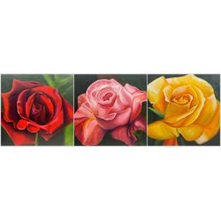 Peter J Bailey (British 1951-): Roses, triptych of three oils on canvas, signed and numbered verso 51cm x 61cm (3)