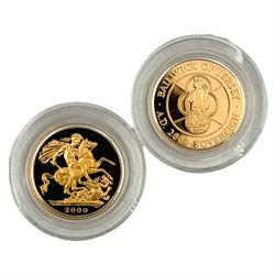 The Royal Mint 2000 gold proof sovereign two-coin set, comprising United Kingdom and Jersey sovereign coins, cased with certificate 