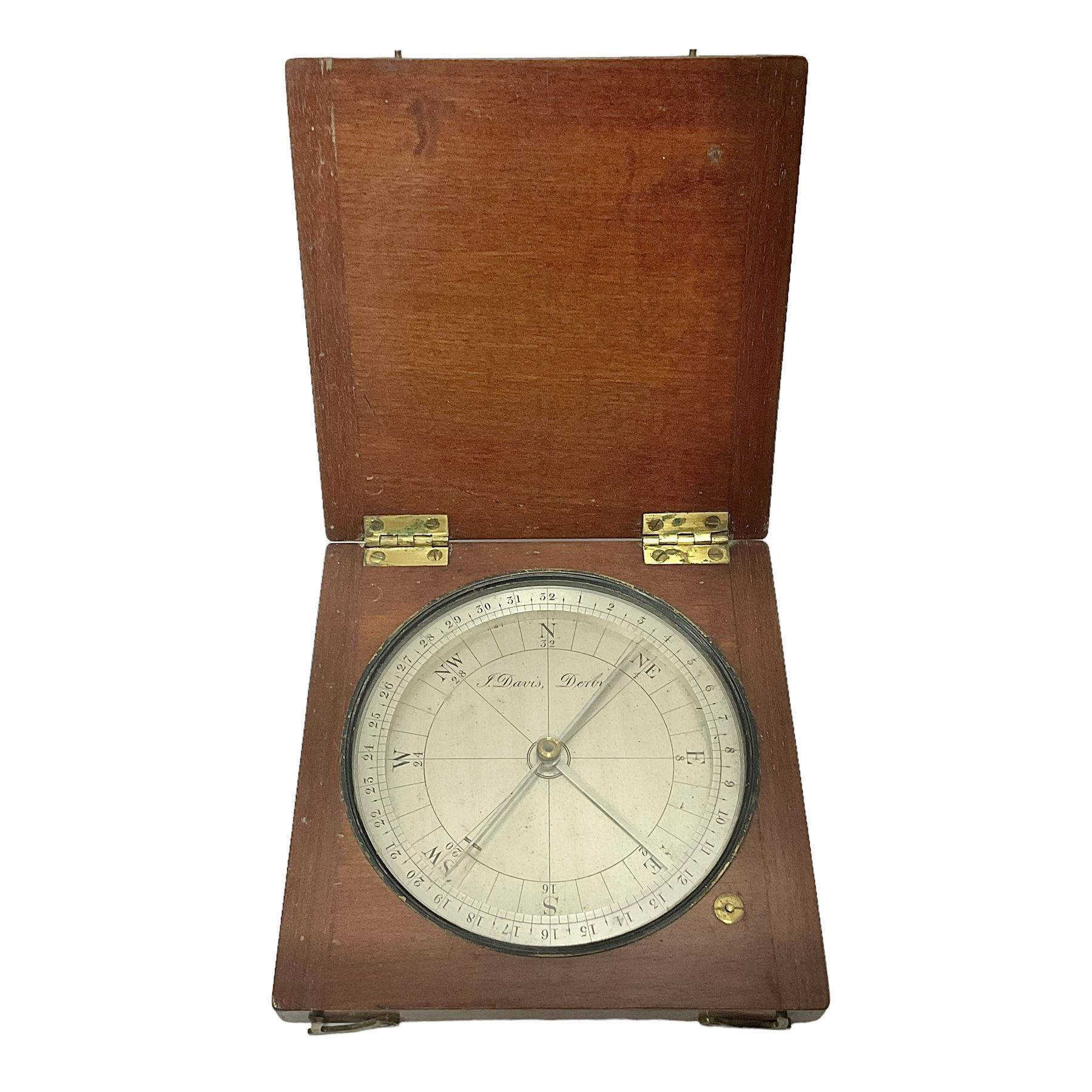 19th century thirty-two point surveyors compass, inscribed J. Davis Derby to the silvered dial, contained within a mahogany case, dial D11cm