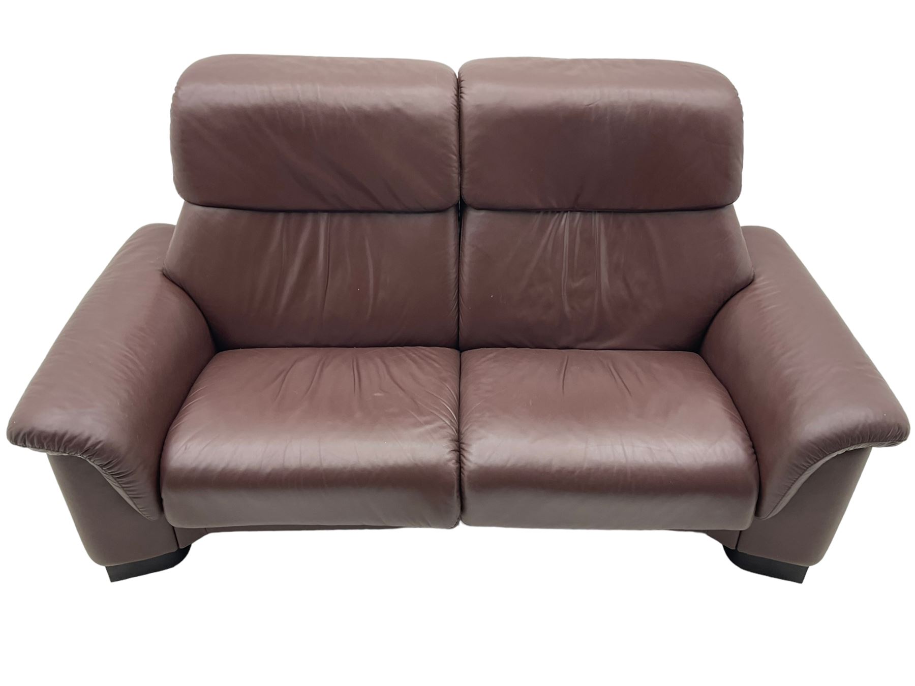 Ekornes Stressless - three-seat sofa upholstered in chocolate brown leather, with high backrests, cushioned headrests, and manual reclining mechanism (L248cm, D84cm, H102cm); with matching two-seat sofa (L184cm, D84cm, H102cm)