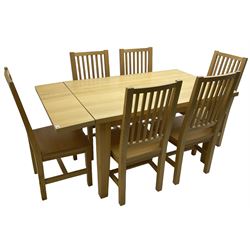 Solid beech rectangular dining table (89cm x 135cm - 160cm, H77cm); together with a set of five beech dining chairs