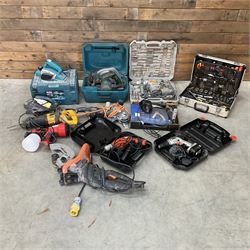 Various building tools to include, DeWalt reciprocating saw, Bosch planer, Titan SDS drill, Black & Decker drills, Evolution 110V saw, fitted tool case, Dremel and other tools