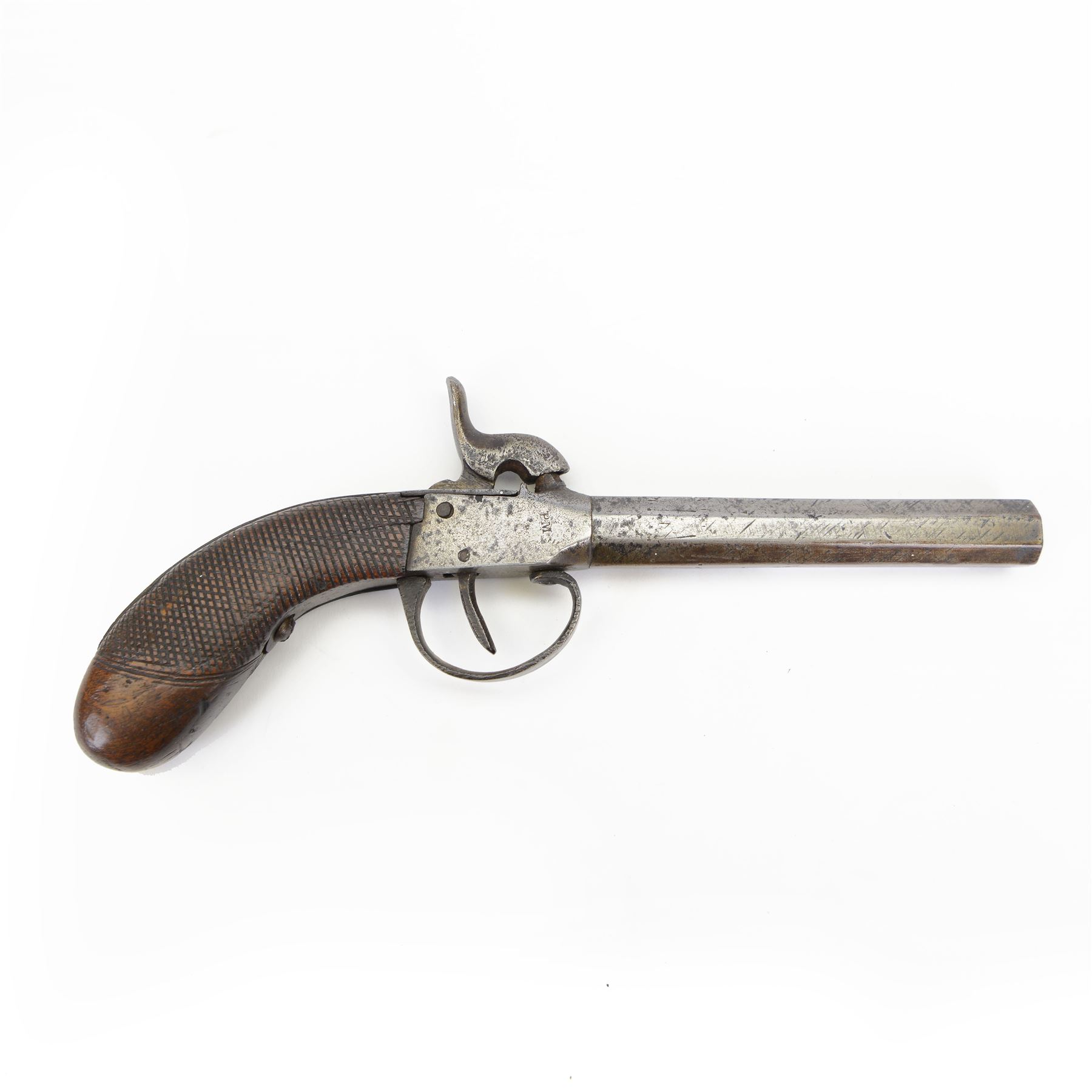 Late 19th century Belgian percussion boxlock pocket pistol, marked PM, with octagonal barrel and checkered wooden grip, L23cm
Sold as an exempt item under Section 58 (2) of the 1968 Firearms Act, to be held as a curiosity or ornament