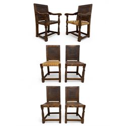 Mouseman - circa. 1930s set of six (4+2) oak dining chairs, panelled back carved with the ...