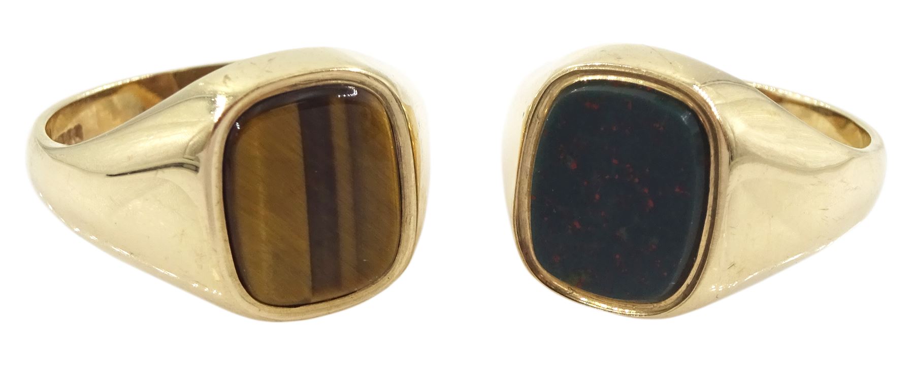 Gold bloodstone signet ring and a gold tiger's eye signet ring, both hallmarked 9ct