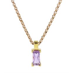 18ct yellow gold single stone amethyst pendant, on 9ct rose gold belcher link chain neckla...