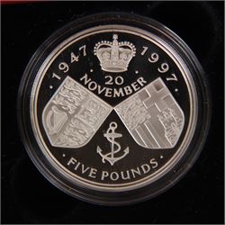 Four The Royal Mint United Kingdom silver proof coins, comprising 1977 'Silver Jubilee' crown, 1981 'Commemorating the Marriage of His Royal Highness The Prince of Wales and Lady Diana Spencer' crown, 1996 'Her Majesty Queen Elizabeth II 70th Birthday' five pounds and 1997 'Golden Wedding Anniversary' five pounds, all cased with certificates