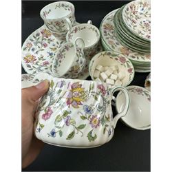 Minton Haddon Hall pattern part tea service, including milk jug, open sucrier, teacups and saucers, dessert plates etc