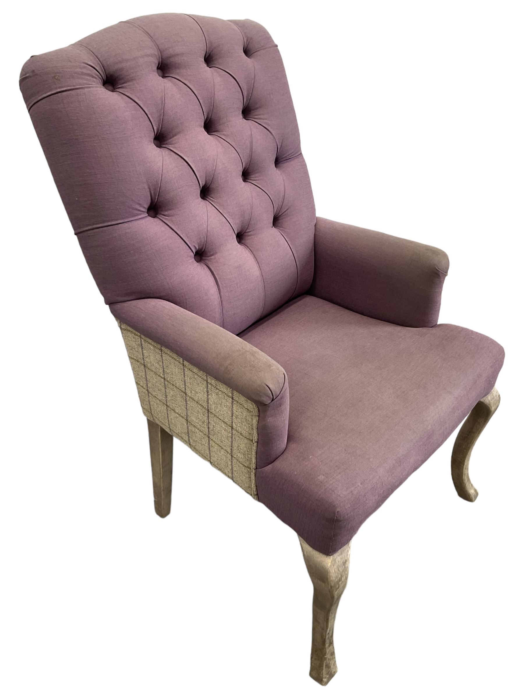 Voyage - four high back armchairs upholstered in buttoned lilac and tweed fabric, painted cabriole legs