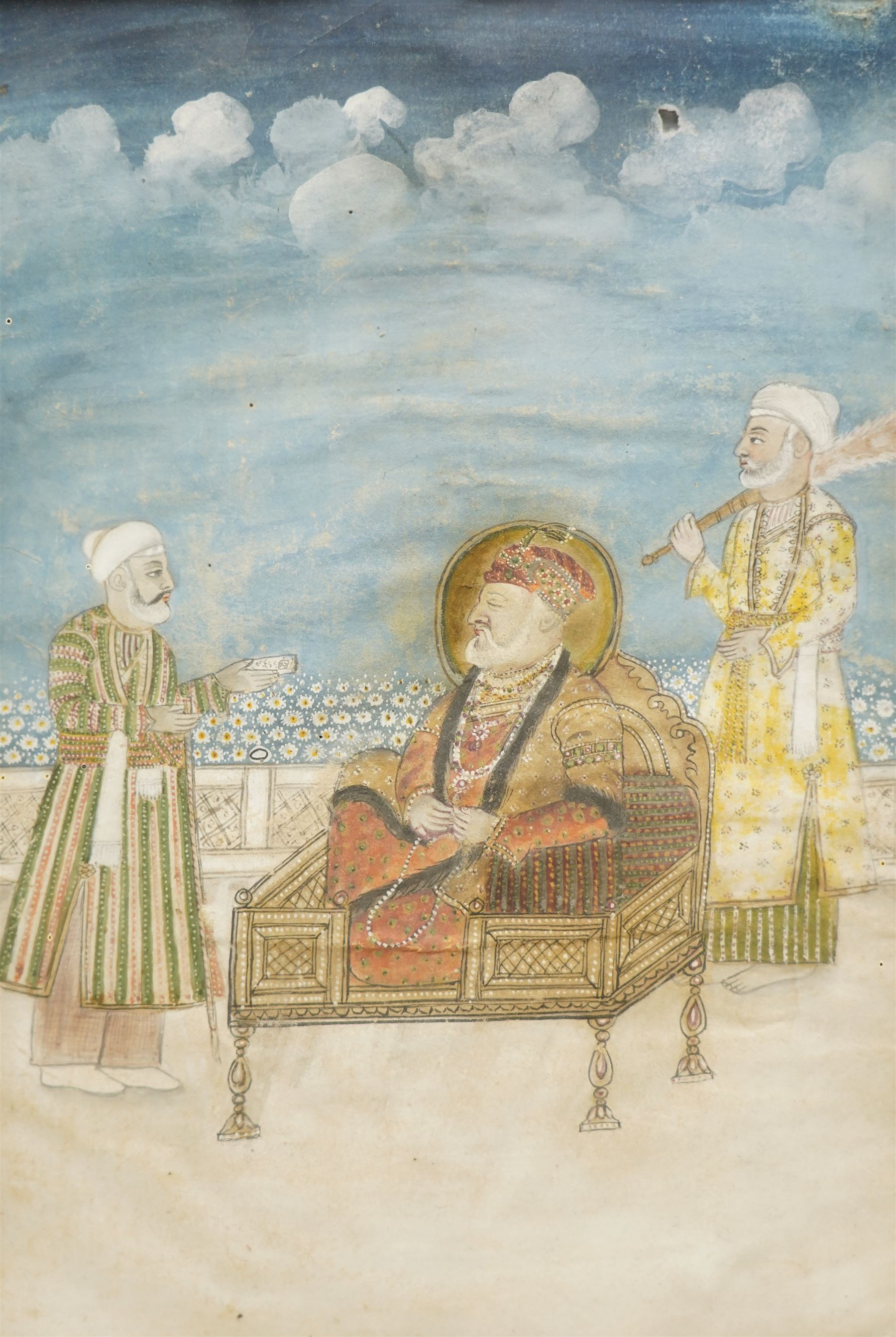 Indian School (18th/19th Century): Portrait of a Mughal Emperor - Possibly Akbar II and two others, set of three gouaches on paper unsigned, one heighted with gold pigment, later inscribed verso max 30cm x 20cm (3)