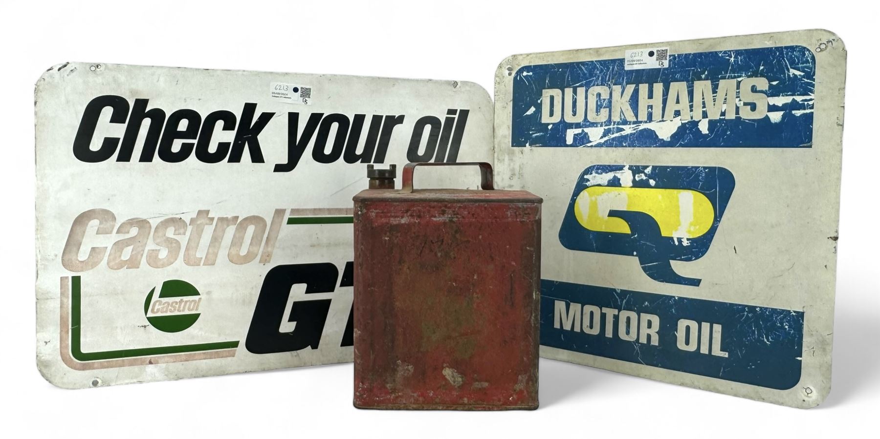 Vintage Shell Petroleum Sprit petrol fuel can, 'Duckhams Motor Oil' vintage metal sign and another for Castrol GTX 'Check Your Oil', W68.5cm (3)