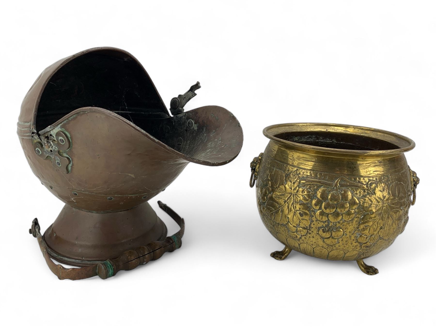 19th century copper coal scuttle, brass twin-handled planter, the bulbous body embossed with fruiting vines, H23cm (2)