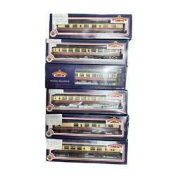 Six Bachmann '00' gauge passenger coaches, to include 34527 63ft Bullied Corridor 2nd, 34502 63ft Bullied Corridor Open Brake 2nd, 34576 63ft Bullied Open 2nd, 34425 63ft Thompson Composite Brake, 34475 63ft Thompson 1st Corridor and 34081 Collett 1st/2nd, all in BR crimson and cream livery, all boxed