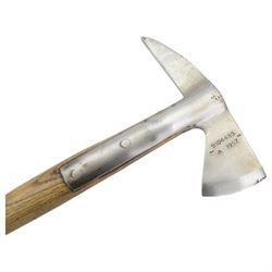 1950s fireman's axe by Elwell, model 5122, marked with Broad Arrow, with canvas belt holder, together with Swiss steel and oak climber's ice axe, the blade stamped Robert Lawrie Ltd. London W1, fireman's axe L39cm