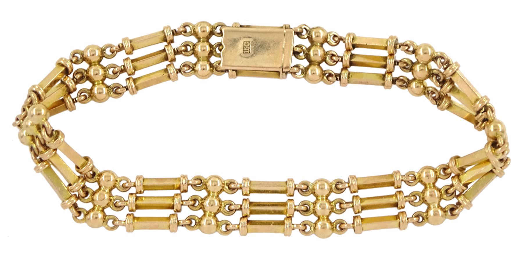 Early 20th century 15ct rose gold gold rectangular and bead link bracelet, stamped 15c