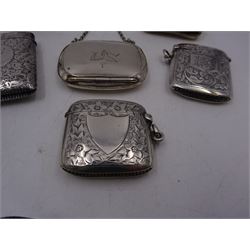 1920s silver miniature purse, engraved with triskelion symbol to hinged cover, hallmarked Adie & Lovekin Ltd, Birmingham 1920, together with five early 20th century silver vesta cases, all of typical form, engraved with foliate and scrolling details, all hallmarked