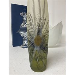 Late 20th century art glass, to include a Robert Held vase, of baluster form with iridescent swirl design, two frosted glass vases with peacock feather design on green and white ground, frosted glass tulip shaped bowl with smoke design and a Rogaska Crystal cobra candlestick, tallest vase 27cm