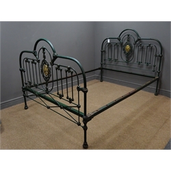  Victorian wrought metal and brass 4' 6'' double bedstead, green painted with gilt detail, ornate cast cartouche splats to head and foot boards  