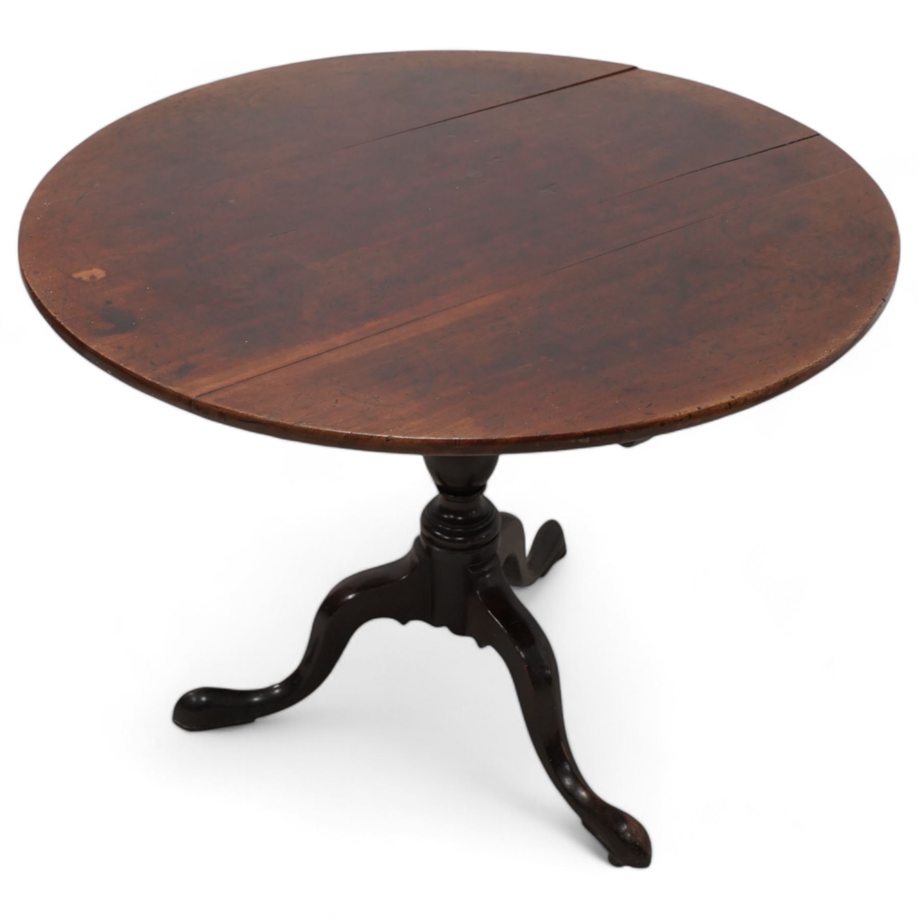 George III mahogany tripod table, circular tilt-top on turned vasiform pedestal, terminating in splayed supports