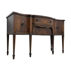 Early 19th century serpentine sideboard, fitted with two cupboards and two drawers, on square tapering supports with spade feet