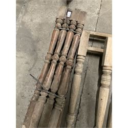 Set of four turned mahogany supports with brass cups and castors (H51cm); collection of splayed supports and turned supports; pine table and and two supports; and fifteen turned pine staircase spindles (H84cm) - THIS LOT IS TO BE COLLECTED BY APPOINTMENT FROM THE OLD BUFFER DEPOT, MELBOURNE PLACE, SOWERBY, THIRSK, YO7 1QY