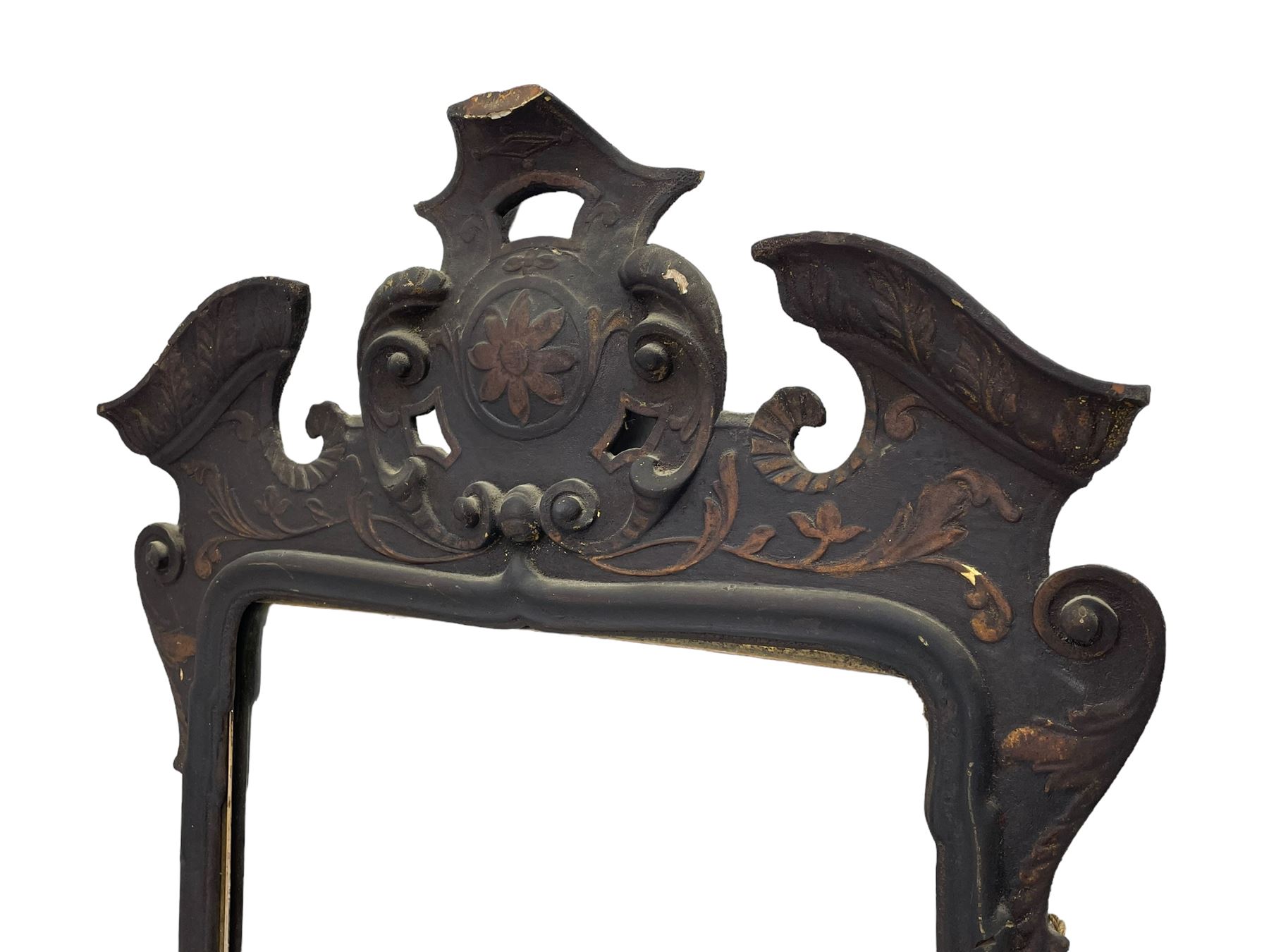 18th century black lacquered and gilt wall mirror, broken arch pediment with central cartouche decorated with curled leaves and foliate motifs, scrolled acanthus leaf eared brackets, bevelled mirror plate within gilt slip and moulded outer frame, lower shell motif surrounded by curled acanthus leaves and shield motifs 