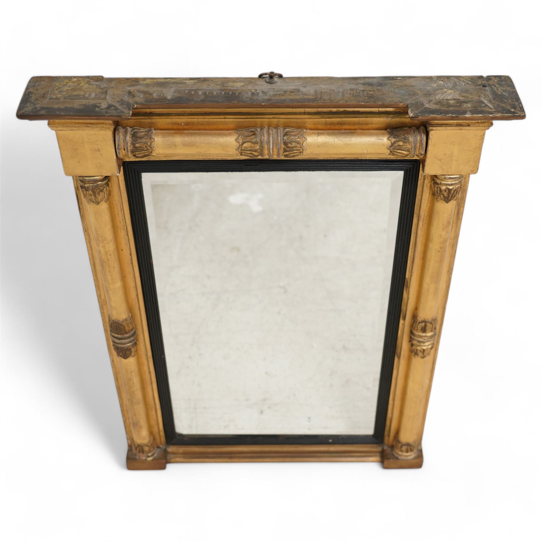 Regency gilt and gesso framed pier glass mirror, inverted break-front pediment over acanthus moulded half pilasters of Neoclassical design, rectangular bevelled plate within ebonised reeded slip