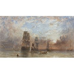 George Weatherill (British 1810-1890): Sailing Vessels becalmed off Whitby at Sunset, watercolour signed 13.5cm x 23.5cm
