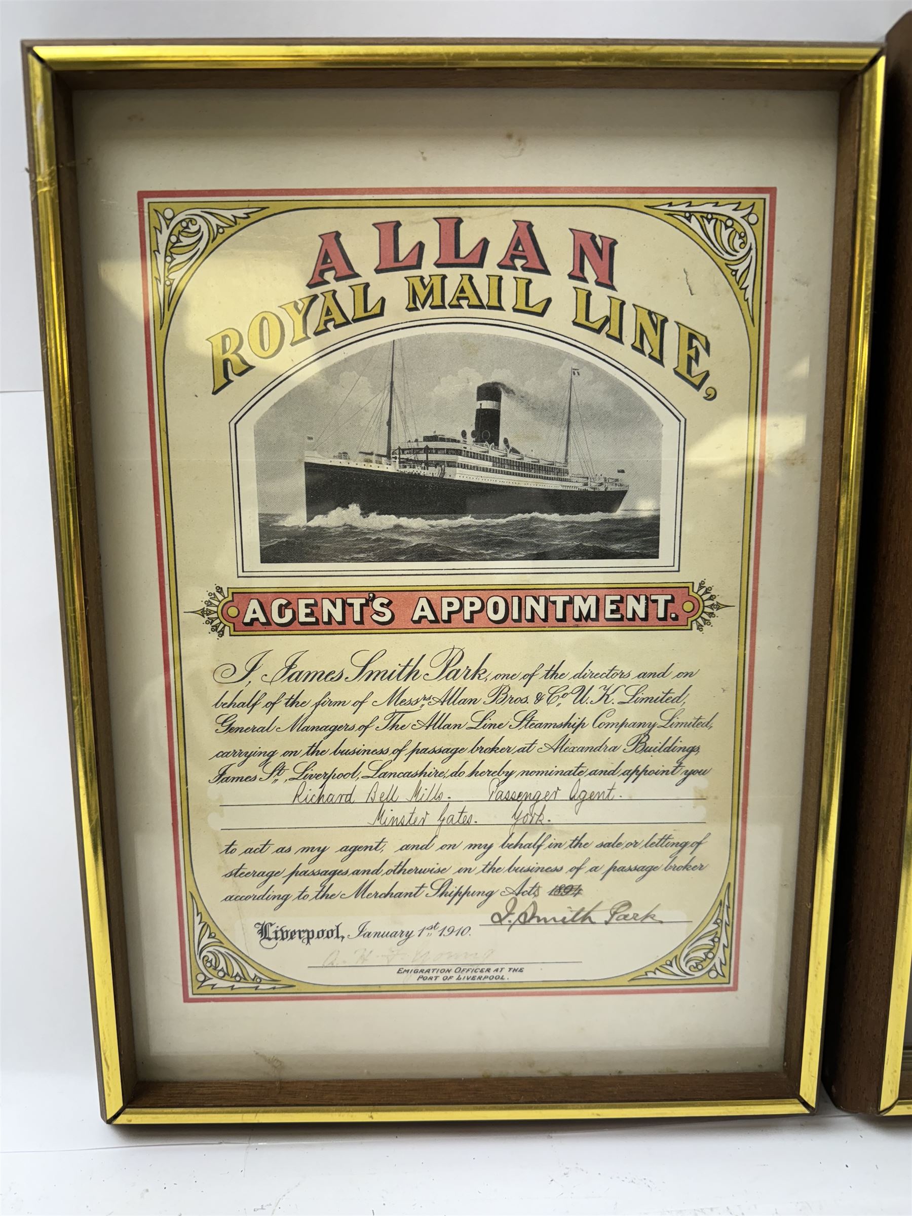 Four late 19th century/early 20th century passage broker certificates, for shipping lines including Allan Royal Mail Line, Beaver Line of Passenger Steamers, Shaw Savill & Albion Co Ltd and The New Zealand Shipping Company Limited, all within glazed wooden frames, largest H38cm