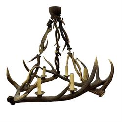 Deer antler chandelier, of square shaped form, with six fitted lights, W80cm, H62cm