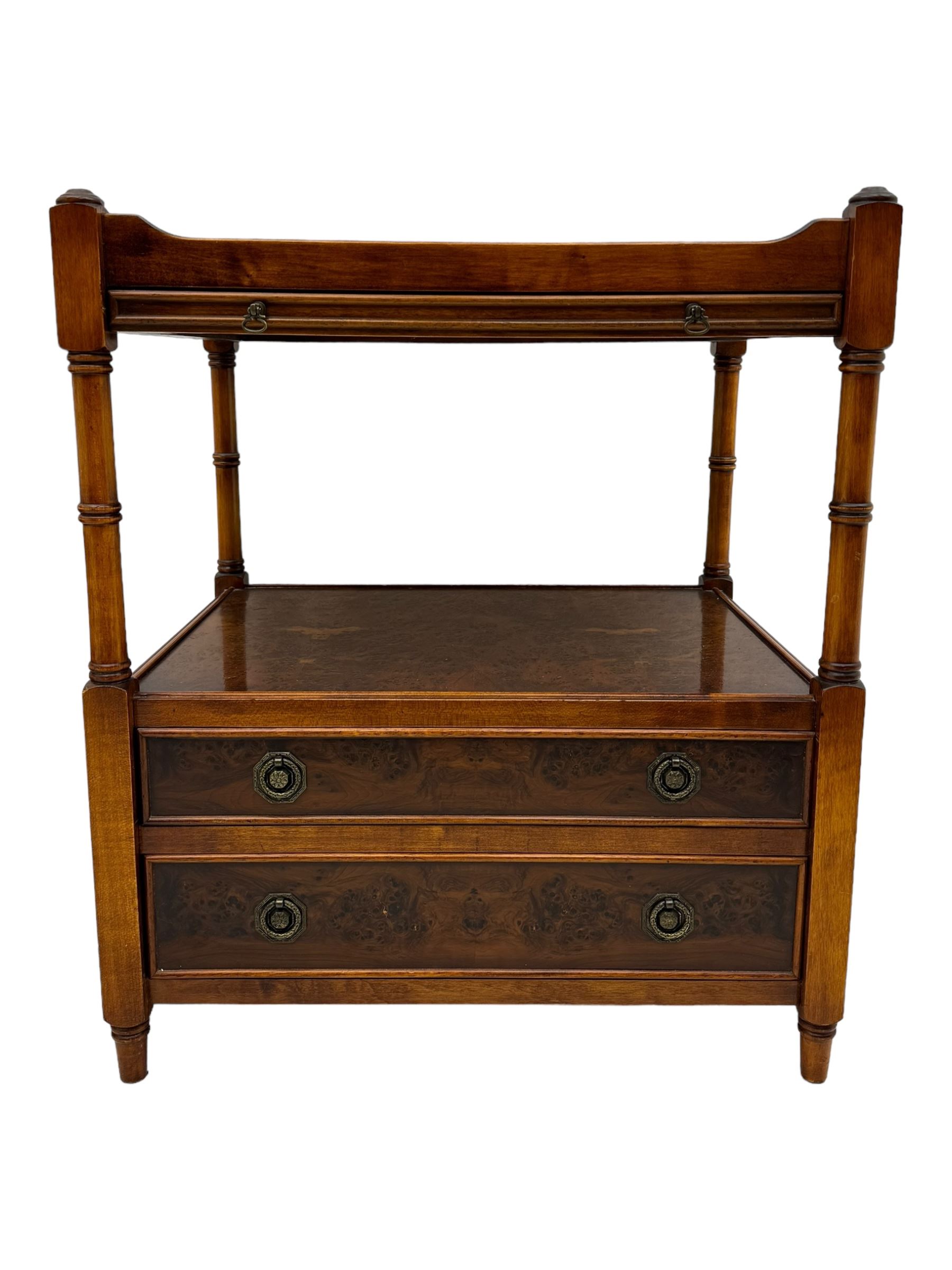 Wade - pair of Georgian design yew wood bedside or lamp tables, each with raised tray top over single shelf, the lower section fitted with two drawers with brass ring handles, raised on turned supports