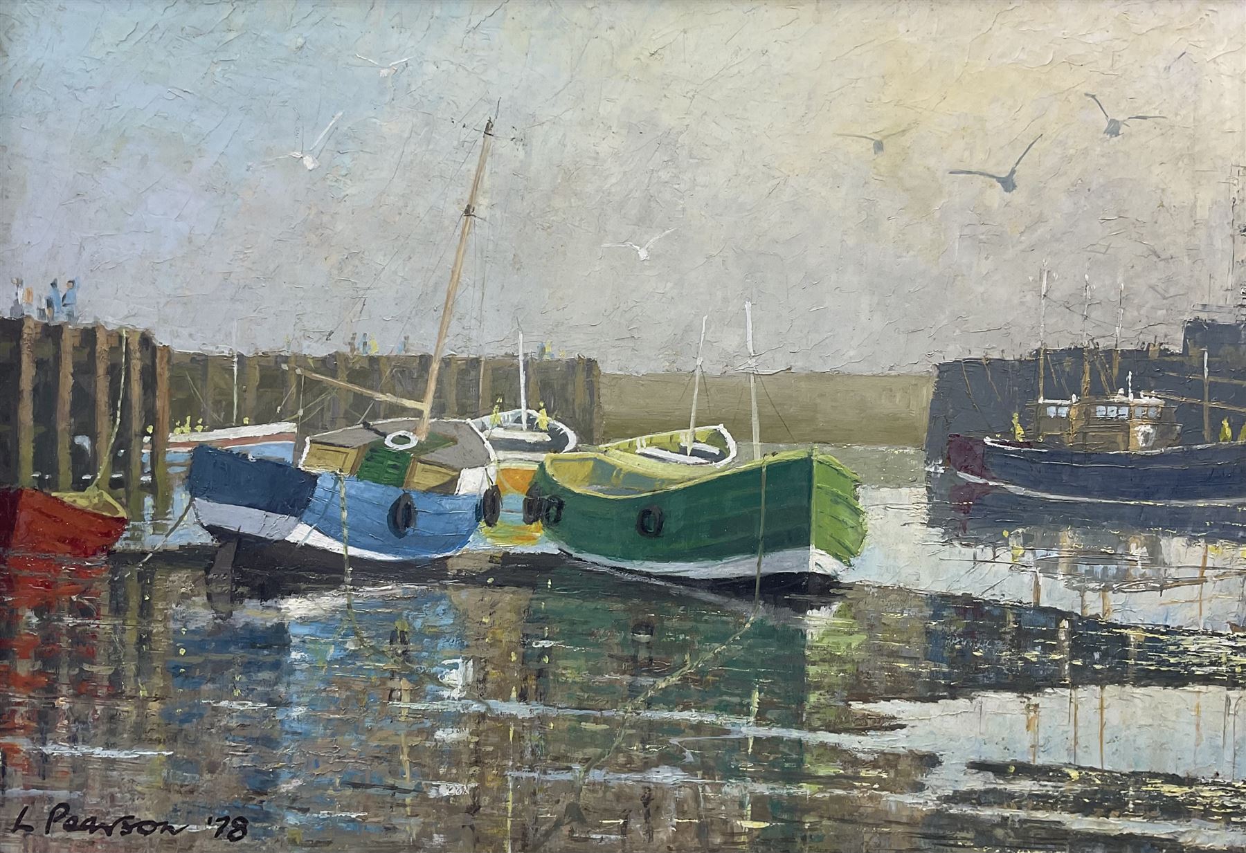 Les Pearson (British 1923-2010): Colourful Boats Bridlington Harbour, oil on board signed and dated '78, 32cm x 45cm