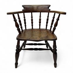 19th century smoker's bow elm armchair, curved arms and backrest with steam-bent top rail,...